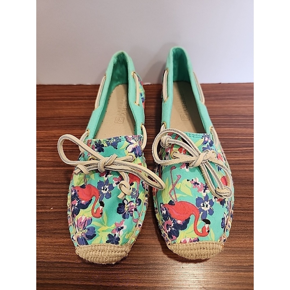 Sperry Top Sider Womens Sz 5.5 Tropical Flamingo Canvas Espadrille Loafer Shoes
